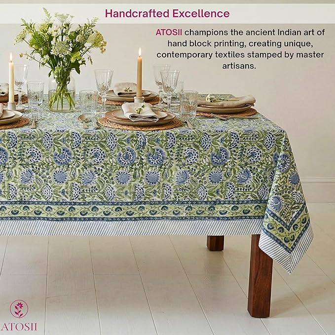 ATOSII Amara 100% Cotton Fall Tablecloth, Handblock Floral Print Rectangle Linen for Kitchen Dining I Parties Wedding Christmas Outdoors Easter I Spring Summer 72 X 140 Inches I 12 Seater