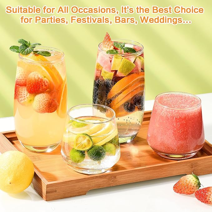 Drinking Glasses Set of 12-6 Tall Glass Cups 17 oz and 6 Short Stemless Wine Glasses 10 oz,Glass Sets for Drinking,Glassware Sets,Drinkware Glasses Set,Mojito Glass, Gift Box Set