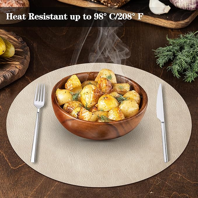 Round Placemats and Coasters Set of 6, Washable Reversible Faux Leather Placemats Cowhide Pattern Place Mats Wipeable Non-Slip 15 inch Round Kitchen Dining Table Mats (Gray Beige, 6)
