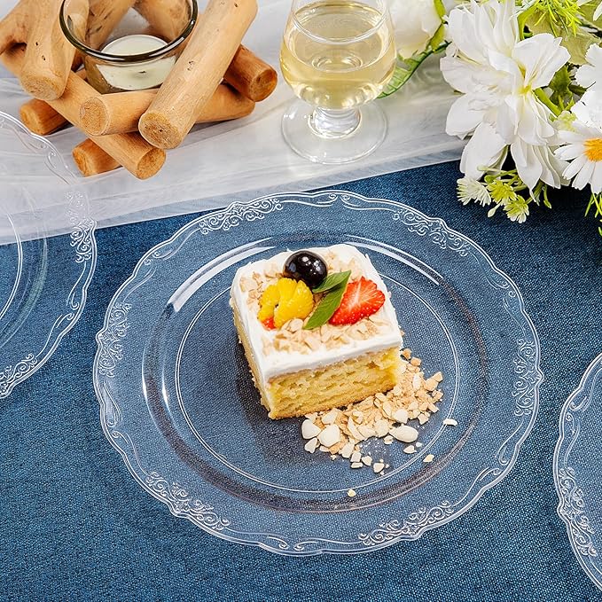 DaYammi 60PCS Clear Plastic Plates Heavy Duty Clear Disposable Plates 7.5” Fancy Dessert Plates Small Cake Plates Appetizer Platos Hard Round Plastic Platos Disposable for Wedding and Party