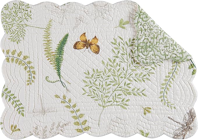 C&F Home 13" x 19" Althea Rectangular Scalloped Edge Cotton Quilted Placemats, Set of 6 Spring Springtime Butterfly Dragonfly Plants Fern Greenery Nature Tabletop Décor Decoration S/6 Rectangular