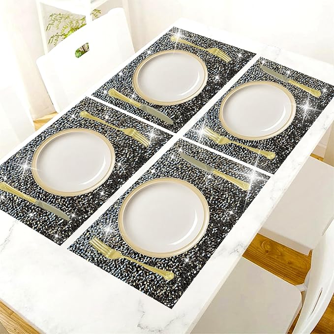 Black Square Placemats - Heat Resistant Mat Set of 4 with Rhinestone Decor and Sparkly Bling