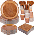 Kochorie 400 Pieces Wood Grain Slice Disposable Party Tableware Sets Rustic Wood Party Supplies Including Plates Cups Napkins Cutlery Serves 50 for Camping Birthday Forest Themed Party Decorations