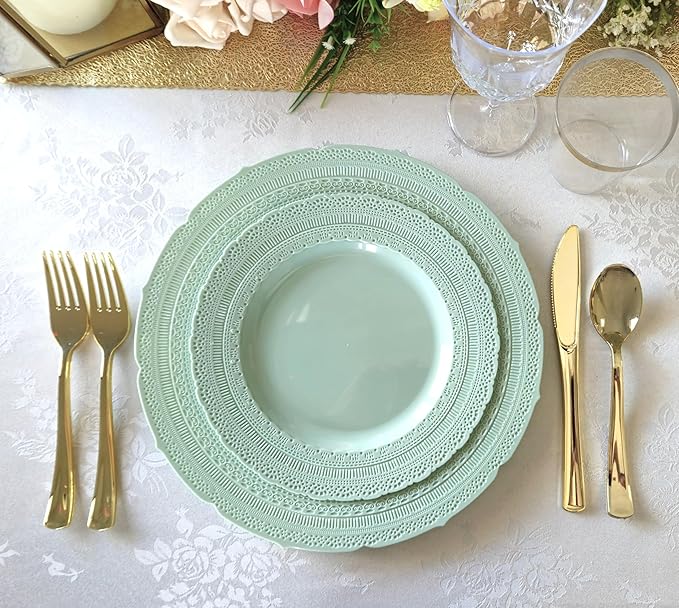 " OCCASIONS " 640pcs set (80 Guests)-Extra Heavyweight Vintage Wedding Disposable/Reusable Plastic Plates 80 x 11'' + 80 x 8.25''+Silverware+Cups+Napkins (Chateau in Mint)