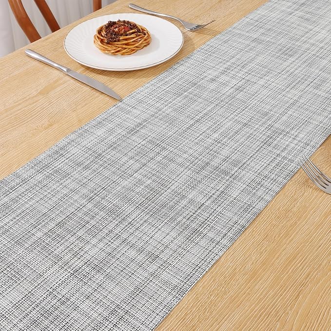 SHACOS Woven Vinyl Table Runners 12 x 54 inch Wipe Clean PVC Weave Table Runners Heat Resistant Runner for Table Indoor Outdoor, Gray White