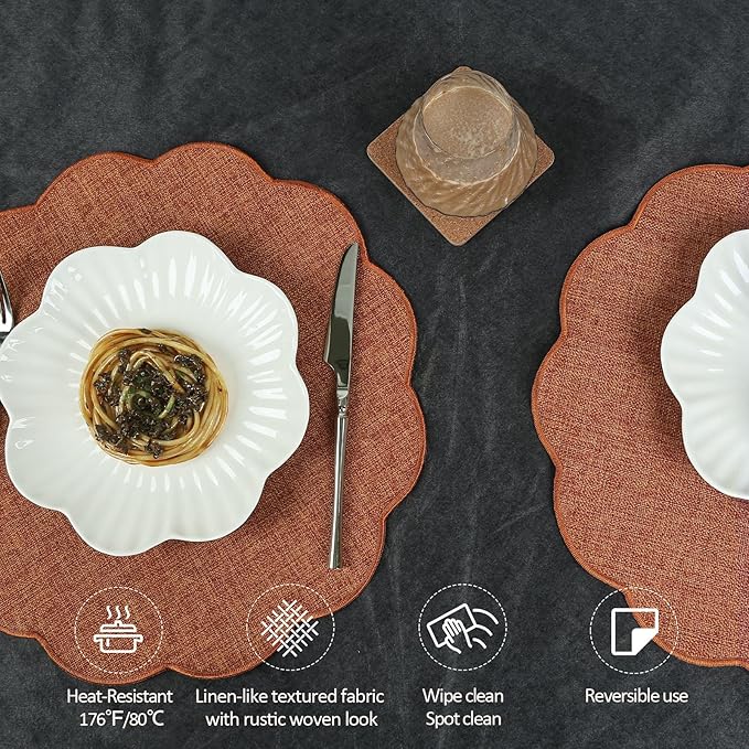 AHHFSMEI Round Faux Linen Placemats Set of 4 Waterproof Table Mats Heat Resistant Non-Slip and Stain Proof for Kitchen Dining Elegant Decor (Burnt Orange,4)