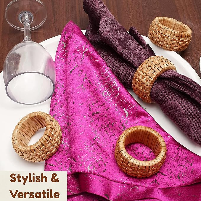 CLEENTABLE Rustic Napkin Rings Set of 12 - Elegant Round Cane Napkin Rings, Easy to Clean, Durable Versatile for Table Settings, Special Occasion, Easter Table Decor & Gift Giving Ideas (Natural)