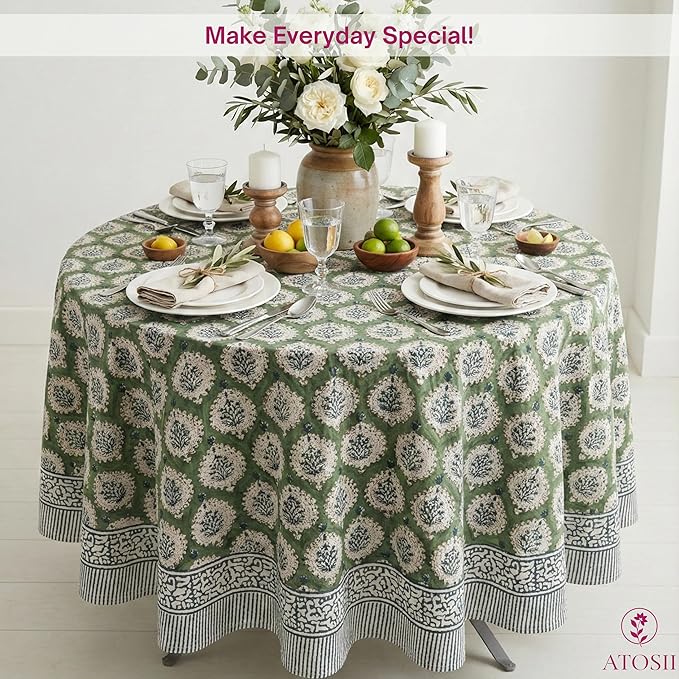 ATOSII Kari Green 100% Cotton Round Boho Spring Summer Tablecloth, Block Print Floral Table Cloth Linen for Dining, Parties, Weddings, OutdoorsI Home Table Decor 72" Inches Round