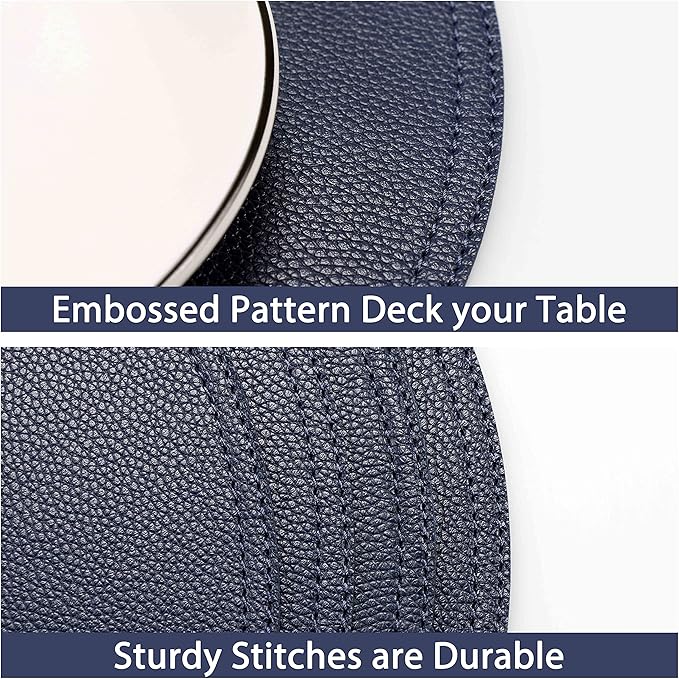 Jovono Navy Faux Leather Round Placemats and Coasters, Coffee Mats Kitchen Table Mats, Waterproof, Easy to Clean for Round Table, Dining Table