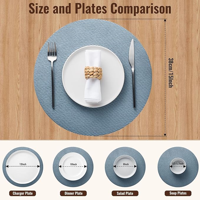Jovono 15" Faux Leather Big Round Placemats Set of 4 - Washable Heat Resistant Non-Slip Dining Table Mats with Fabric Texture for Kitchen Home Party Decor, Light Blue