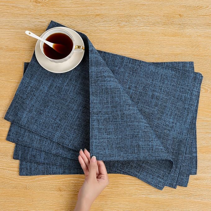 SHACOS Washable Cloth Placemats Set of 6 Fabric Place Mats Double Layered Thick Faux Linen Placemat Non Slip Reversible Table Mats Home Wedding Table Decor, Dark Blue