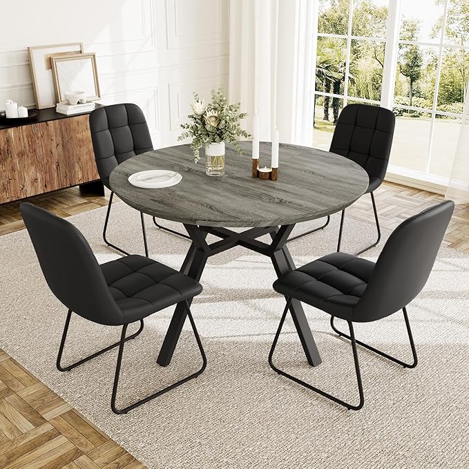 Extendable Round Dining Table Set for 4 People, 43.3"-59.1" Extendable Kitchen Table with 4 Upholstered Chairs, Space Saving for Kitchen Dining Room (Grey Table+4 U-Shaped Black Chairs)