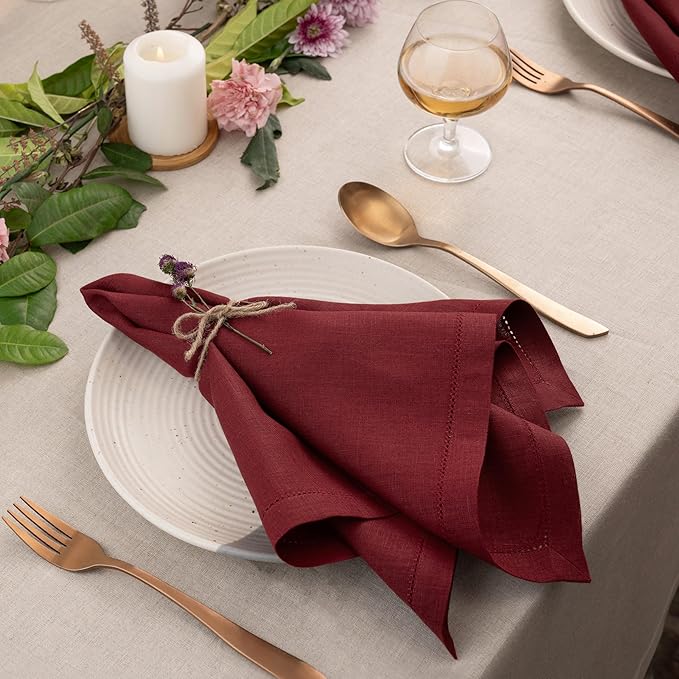 D'Moksha Homes Dark Red Linen Napkins Set of 4 - Classic Hemstitch 100% Pure Linen Hemstitch Dinner Napkins 20 x 20 Inch for Valentines, Spring - Handcrafted and Machine Washable