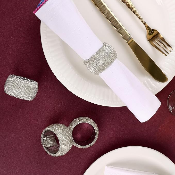 ALPHA Living HOME Beaded Napkin Rings Set of 12- Beaded Napkin Holders for Christmas, Thanksgiving, Holiday Party, Dinner PartyWeddings, Parties, Family Gatherings, and Table Décor - Silver