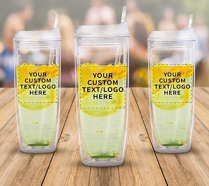Custom Tall Orbit Acrylic Tumblers 20 oz. Set of 100, Personalized Bulk Pack - Perfect for Iced Coffee, Soda, Other Hot & Cold Beverages - Clear
