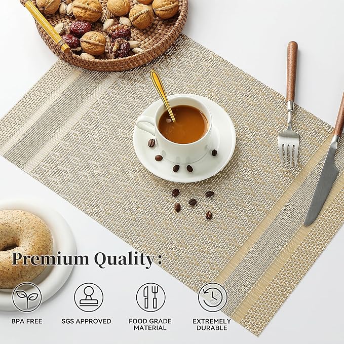Leetaltree Stardust Yellow Placemats Set of 12 - Heat Resistant Non-Slip Place mats for Dining Table, Washable Durable PVC Vinyl Woven Table Mats（Stardust Yellow, 12）