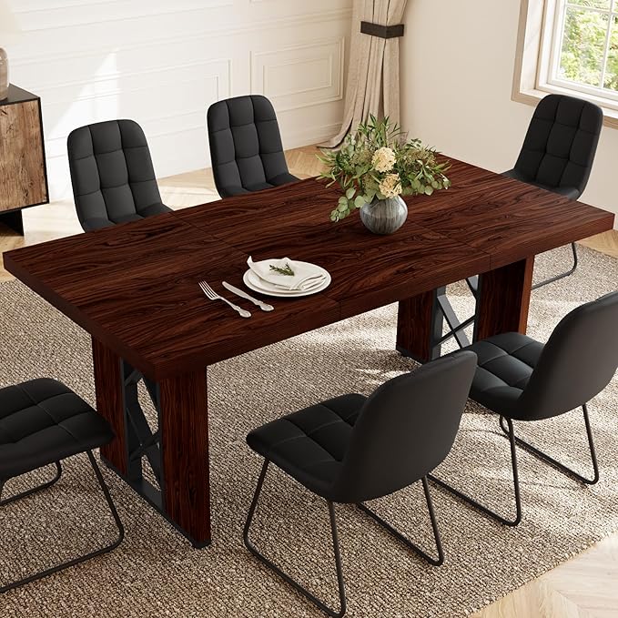 7-Piece Dining Table Set for 6 People, 70.8" MDF Kitchen Table with 6 Upholstered Chairs, Space-Saving for Dining Room, Breakfast Nook(Walnut Table+6 U-Shaped Black Chairs)
