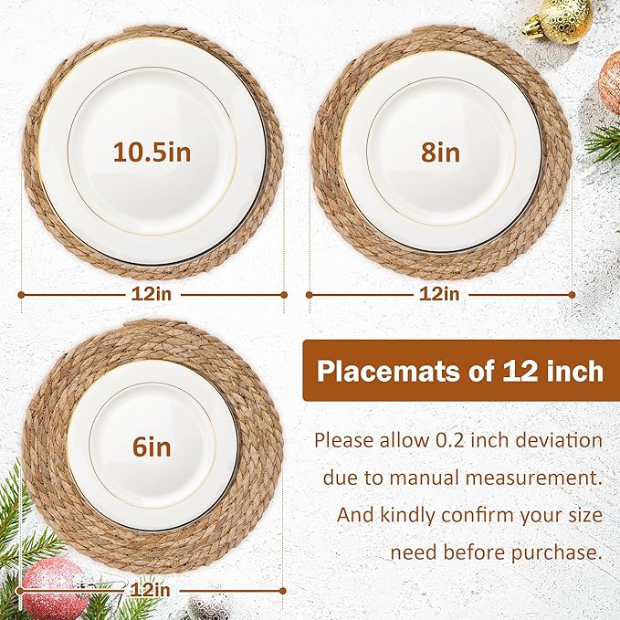 GENMOUS Woven Placemats Set of 12, 12" Round Placemats Natural Water Hyacinth Boho Placemats,Farmhouse Rattan Chargers for Dinner Plates, Rustic Braided Wicker Table Mats for Thanksgiving,Home,Wedding