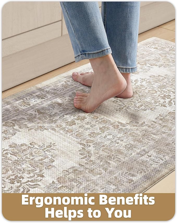 Color&Geometry Anti Fatigue Kitchen Mats for Floor 24x87, Vintage Decor, Easy Clean, Waterproof & Oil Proof, 0.4" Thick Cushioned, Non-Slip Kitchen Runner Rug for Sink, Laundry, Office, Khaki