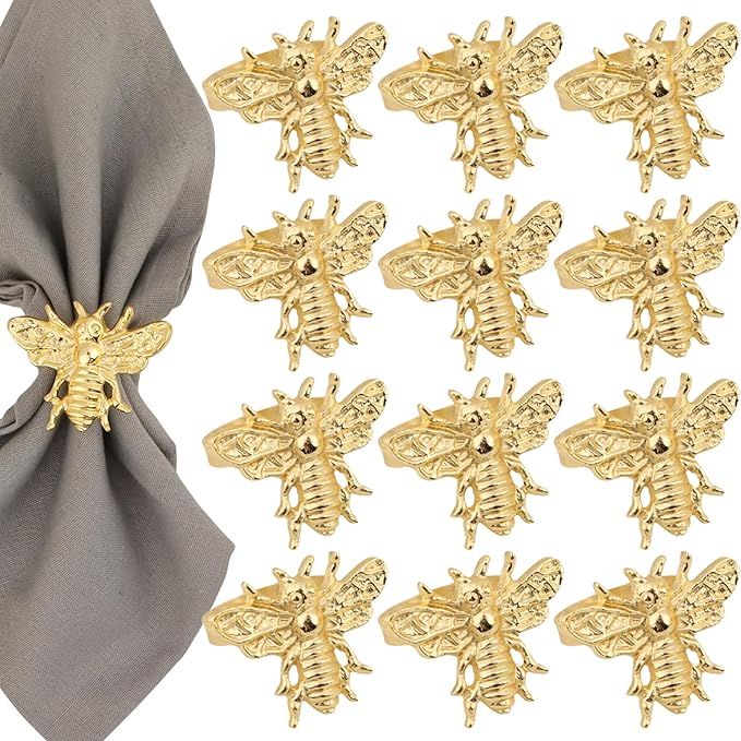 ALPHA Living HOME 12 Pcs Decorative Bee Napkin Rings - Metal Napkin Rings Table Decor Napkin Ring, Dining Cloth Napkin Holder, Farmhouse Napkin Ring, Modern Napkin Holders (Gold)