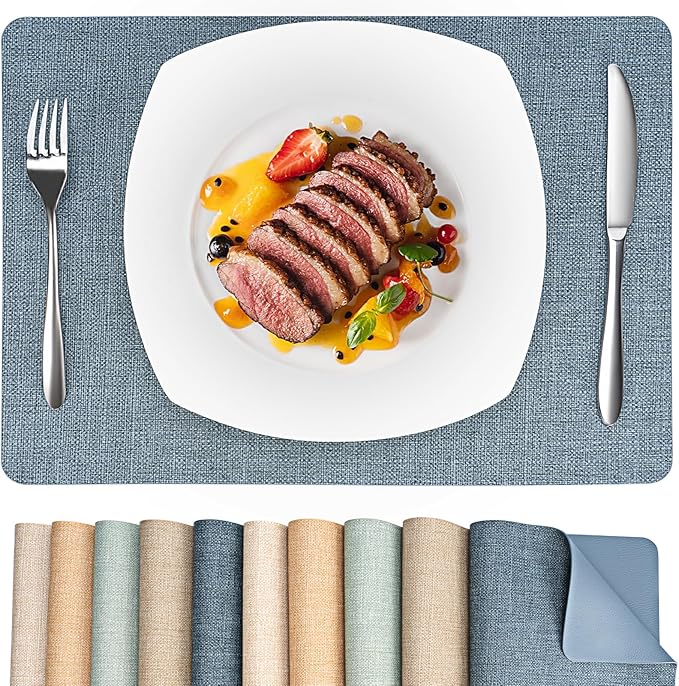 Heat Resistant Placemats Set of 6, 17x12in Waterproof Wipeable Faux Leather Non Slip Table Mats, Easy to Clean, Stain Resistant, for Kitchen Dining Room– Charcoal Blue