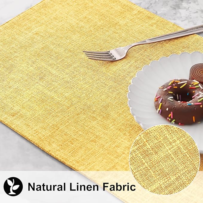 homing Cotton Linen Placemats Set of 4, Cloth Washable Farmhouse Dining Table Mats for Indoors & Outdoors, Easy to Clean, Mustard Yellow, 13 x 19 Inch