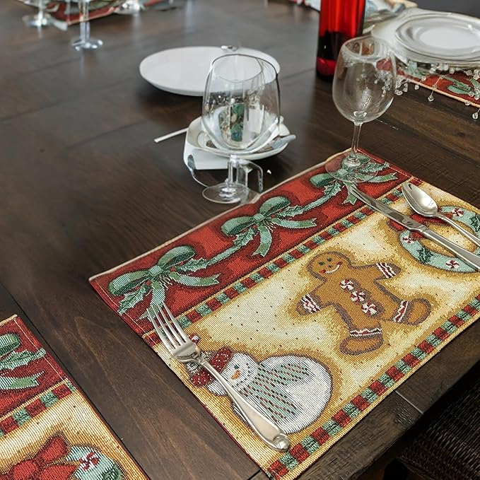 DaDa Bedding Gingerbread Snowman Sweets Placemats - Set of 4 Festive Christmas Wreath Holiday Tapestry - Cotton Linen Woven Dining Table Mats - 13” x 19” (12917)