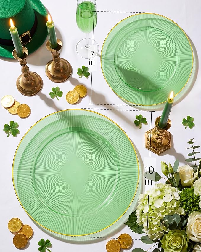 Hioasis 60pcs Green and Gold Plastic Plates - Green Disposable Dinnerware Set, 30pcs Dinner 10.25in & 30pcs Dessert 7.5in Plates with Striped Designs for Party & St. Patrick's Day