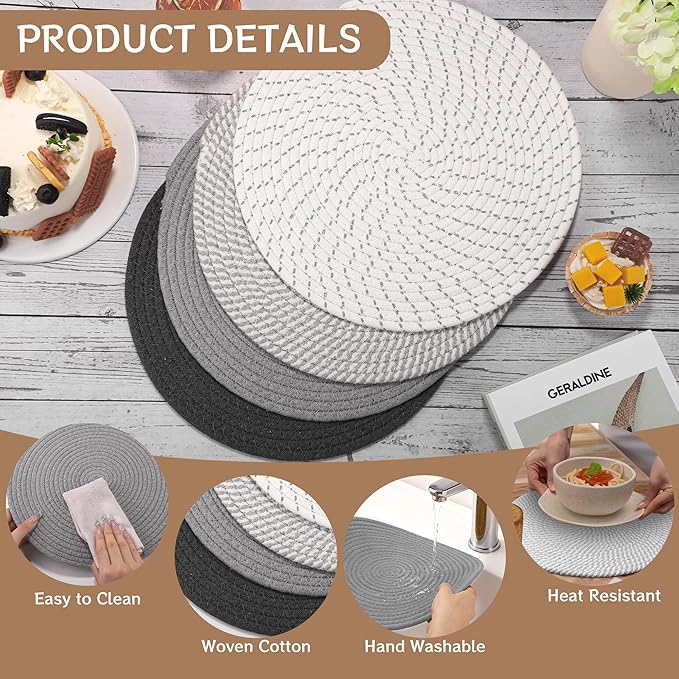 Kochorie Set of 8 Round Woven Cotton Placemats, 13 Inch Boho Table Mats for Kitchen and Dining Table, Farmhouse Heat Resistant Washable Trivets, Fall Thanksgiving Christmas Décor (Mixed Gray)
