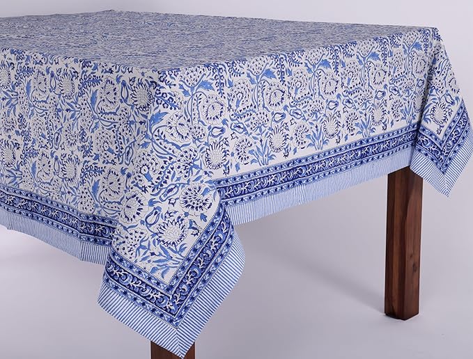 ATOSII Indigo Bloom 100% Cotton Rectangle Fall Tablecloth, Handblock Floral Linen Table Cloth for Dining Table I Parties Christmas Thanksgiving Grand Millennial Home Decor 72 X 120 Inches I 10 Seater