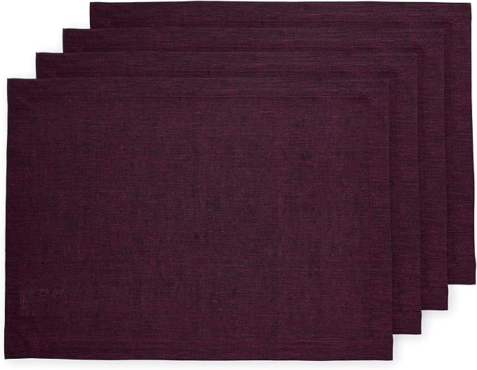 Solino Home Linen Placemats Set of 4-100% Pure Linen Chambray Burgundy Cloth Placemats 14 x 19 Inch for Valentines, Winter - Athena