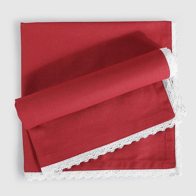 FINGERCRAFT Dinner Cloth Napkin Cotton Blend 4 Pack Vintage Rustic Premium Quality Mitered Corners Napkin Cloth with Elegant Lace for Everyday Use, Pre Shrunk and Good Absorbency 20x20 in Tango Red