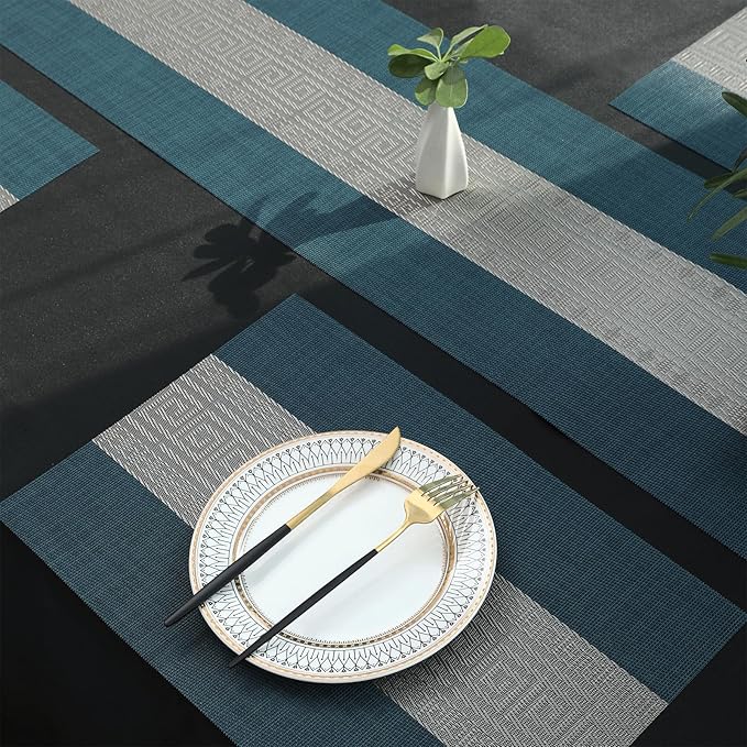 FAVE Placemats Set of 12 Indigo Blue Woven with Gray Placemats Durable and Wipeable Vinyl Place Mats Set 12 for Wedding, Banquet, Birthday, Party, Restaurant Decorations (Indigo Blue, 12"x18"-12PCS)