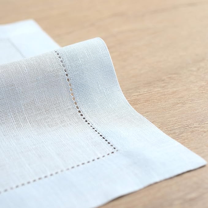 Solino Home Linen Cloth Placemats Set of 6-100% Pure Linen Hemstitch Light Blue Placemats 14 x 19 Inch - Classic Hemstitch Table Place Mats for Winter, Spring, Easter