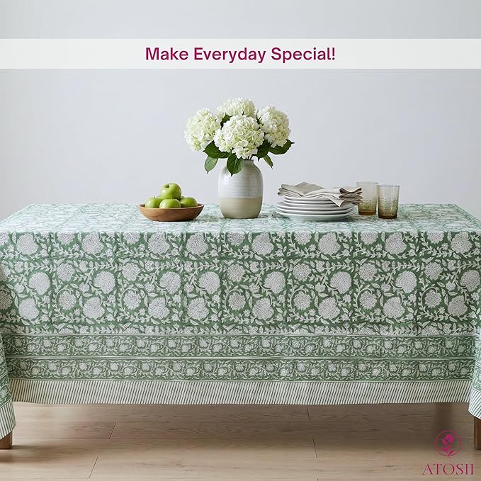 ATOSII Shalimar Green 100% Cotton Spring Summer Tablecloth, Handblock Print Rectangle Table Cover for Dining, Parties, Wedding, Outdoors, Easter Table Cloth I 72 X 140 Inches I 12 Seater