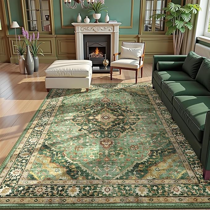 Green Rugs for Bedroom Area Rugs 5x7 Washable Rugs Boho Vintage Oriental Large Foldable Faux Wool Carpet for Living Room Nursery Room Dorm Kids Playroom Home Office