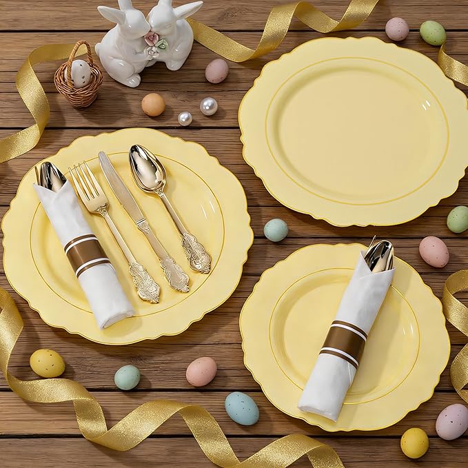 Liacere 350PCS Yellow Plates - Yellow Disposable Plastic Plates With Gold Rim-50Guest Plastic Dinnerware include 100 Plates,50 Pack Pre Rolled Napkins with Silverware 50Cups for Wedding＆Easter Day