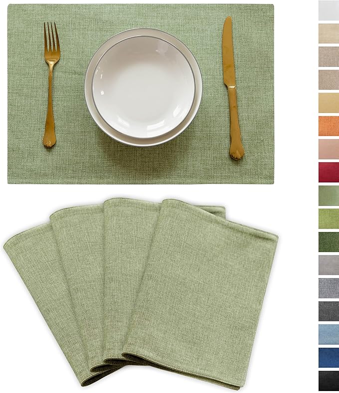 Demetex Green Placemat Set of 4 Washable Linen Textured Place Mats for Dinner Heat Resistant Sage Cloth Placemats Scratch Resistant Plate Mats for Dining Table Kitchen, Green