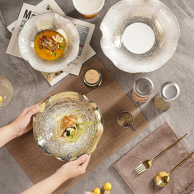 Salad Bowls of 4-8.5 Inch pasta bowl set，Decorative Ceramic Serving Bowl for Kitchen Counter, Versatile Dinnerware for Restaurant Plating & Home Dining(White with Golden)
