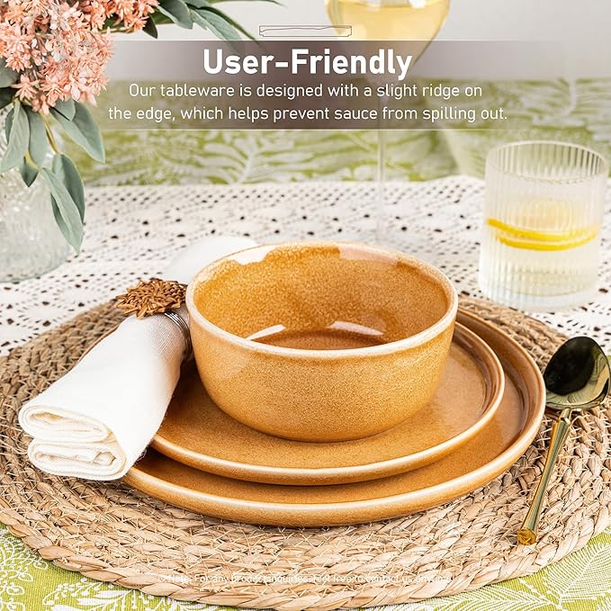 GBHOME Ceramic Dinnerware Sets for 8, 24 Pieces Stoneware Plates and Bowls Sets, Scratch Resistant Dishes, Dishwasher & Microwave Safe, Reactive Glaze-Amber