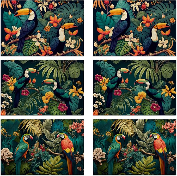 Placemats Set of 6 Tropical Forest Parrot Place Mats Washable Kitchen Dining Linen Table Mats Stain Heat, for Home Party Indoor 12x18 in