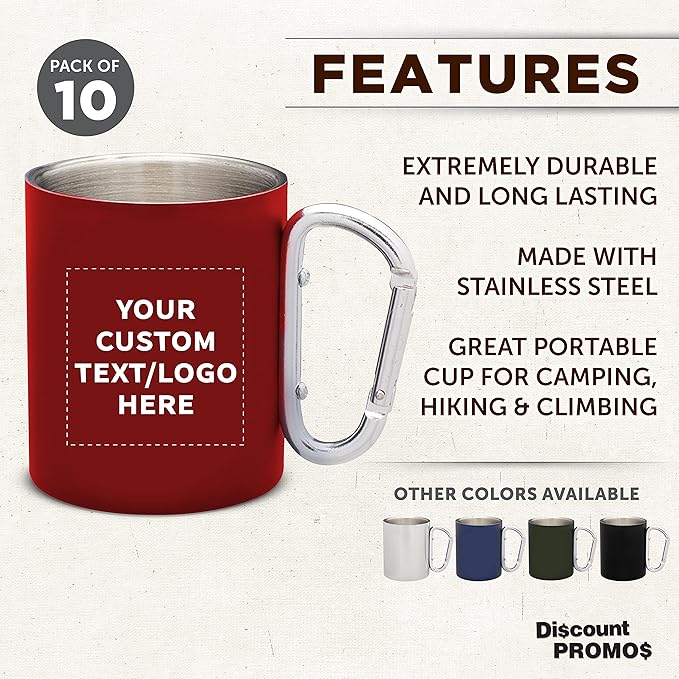 Custom Stainless Steel Mugs with Carabiner Handle 10 oz. Set of 10, Personalized Bulk Pack - Perfect for Coffee, Soda, Other Hot & Cold Beverages - Red