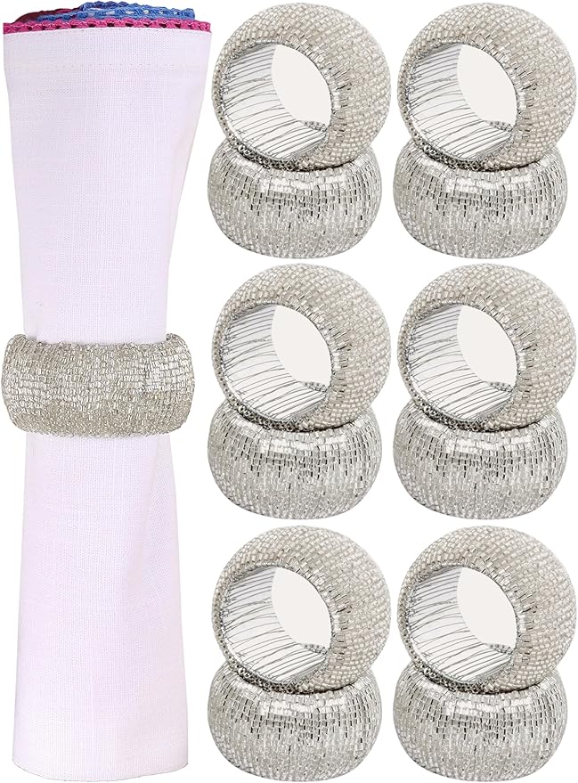 ALPHA Living HOME Beaded Napkin Rings Set of 12- Beaded Napkin Holders for Christmas, Thanksgiving, Holiday Party, Dinner PartyWeddings, Parties, Family Gatherings, and Table Décor - Silver