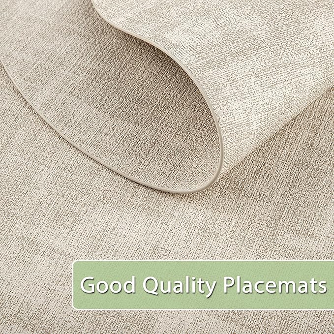Placemats Set of 12 Washable, Heat Resistant Table Placemats Wipeable Faux Leather Oval Place Mats Non Slip, Waterproof Oval Table Mats for Indoor Outdoor, Beige