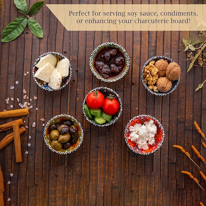 Ceramic Small Dipping Bowls Set of 6, 3.5 Oz Soy Sauce Dish, Handmade Charcuterie, Colorful Pinch, Dishwasher & Microwave Safe, 3.2'' Mini (SULTAN'S GARDEN)