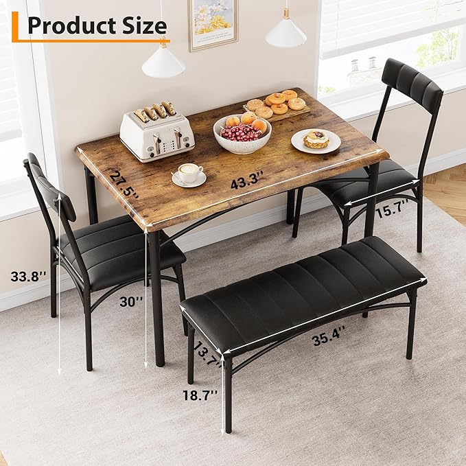 Dining Table Set for 4, Rectangular Kitchen Table and Chairs Set of 4 for Small Spaces, Modern Dining Room Table Set with Upholstered Bench and 2 Chairs, Space Saving Dining Furniture for Apartments