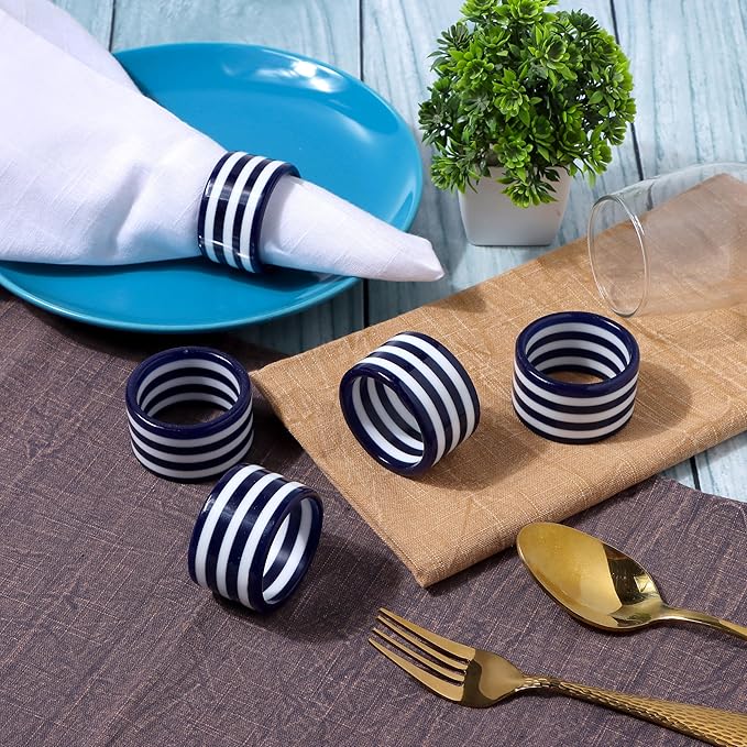 Epoxy Napkin Rings – Elegant Navy Blue & White Napkin Holders Set of 12 for Table Decor, Parties, Weddings & Dining - Modern Round Serviette Rings for Home & Holiday Celebrations - CLEENTABLE