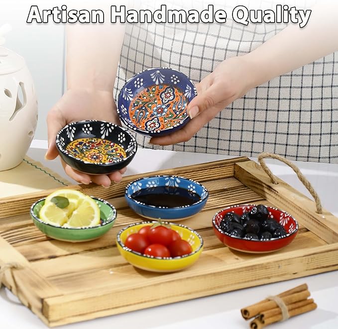 Ceramic Small Dipping Bowls Set of 6, 2.5 Oz Soy Sauce Dish, Handmade Charcuterie, Colorful Pinch, Dishwasher & Microwave Safe Sauce, Mini (BLOOM ARRAY)