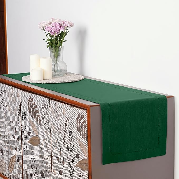 D'Moksha Homes Linen Forest Green Table Runner 36 Inches - 100% Pure Linen Small Table Runner 14 x 36 Inch Ideal for Dresser, Coffee Tables, St Patricks Day, Easter - Classic Hemstitch