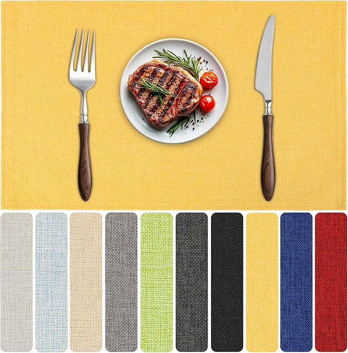 Blue Forest Placemats Set of 4, Dual-Layered Thickened Faux Linen Table Mats Heat Resistant Machine Washable Wrinkle Free Place Mats for Kitchen Dining Outdoor/Indoor (Bright Yellow)